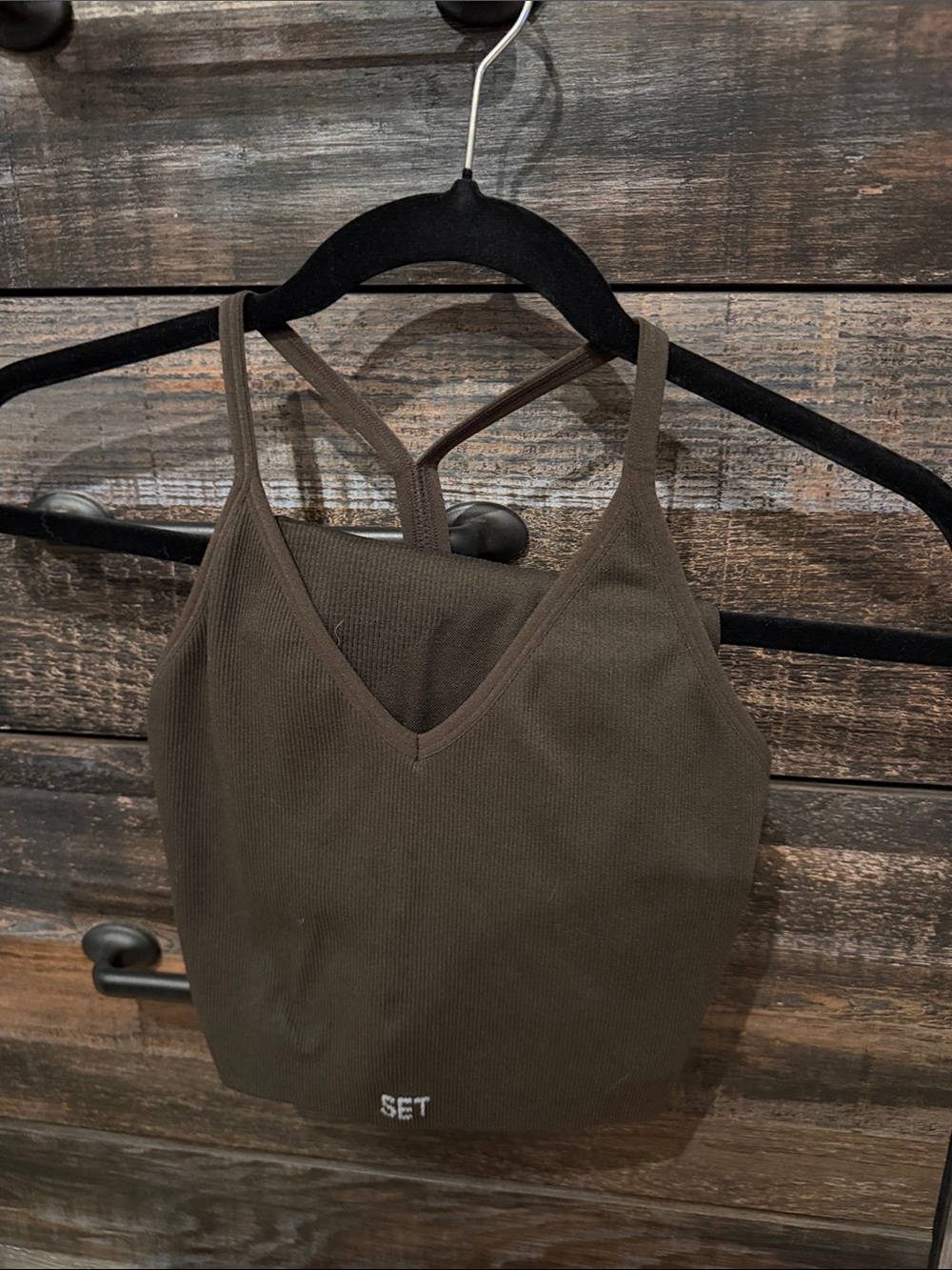 SET Active Olive Ribbed V‑Neck Crop Bralette